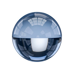 Glossy blue sphere reflecting modern office interior with white desk
