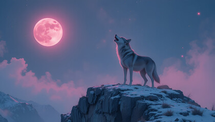 Lone wolf howling on a cliff under a glowing moon