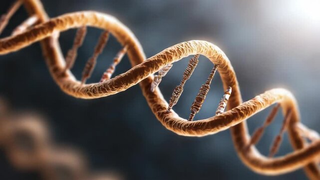 Golden DNA helix closeup showing molecular genetic structure and biology strand with dramatic