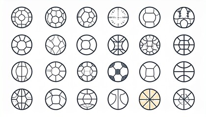 A grid of various sports ball icons and geometric circular patterns on a white background, showcasing diverse designs.
