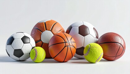 Vibrant 3D rendered collection of diverse sports balls, including soccer, basketball, and tennis, isolated on a crisp white background