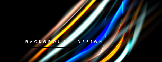 Abstract dynamic lines, vibrant colors, flowing shapes. Dark background emphasizes bright streaks, modern design element.