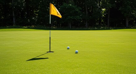 Obraz premium A perfect view of a manicured putting green on a sunny day with the flagstick indicating the cup location ,course ,manicured ,field