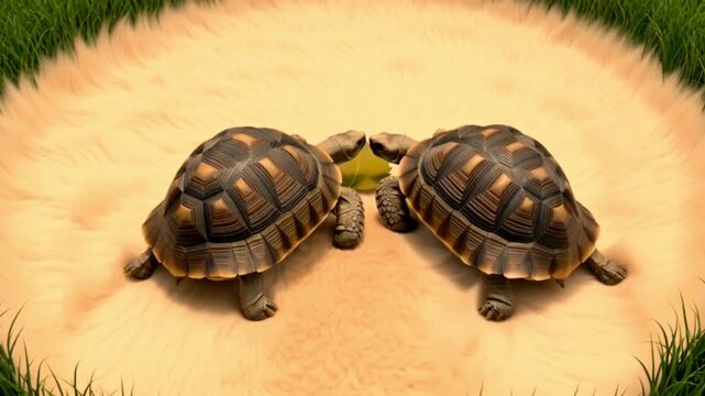 two tortoises slowly moving toward leaf prize. One slips slightly on soft ground, the other nudges gently, both continue comically slow progression. video
