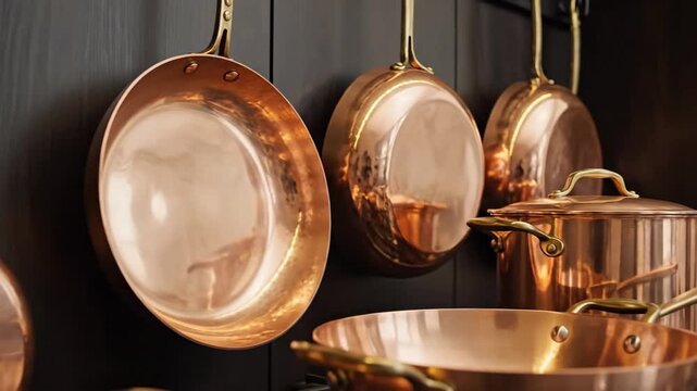 Gleaming copper cookware artfully displayed, showcasing classic kitchen elegance and functional beauty.