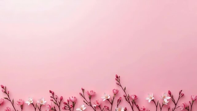 Pink floral border combining delicate blossoms branches buds soft pastel springtime romantic mood
