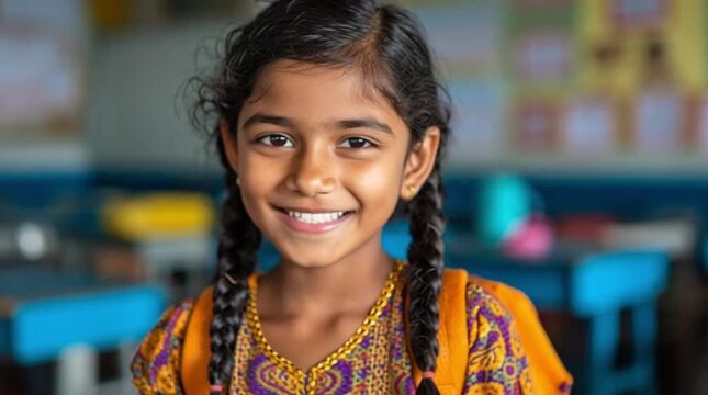 Smiling South Asian school girl portrait classroom background