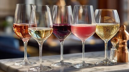 Elegant Close-Up of Colorful Wine Glasses on Marble Countertop