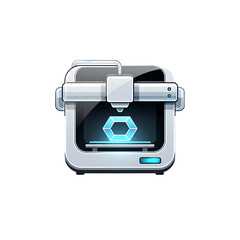 Modern 3D printer creating hexagonal object with glowing blue light