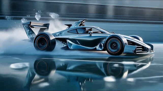 Sleek futuristic racing car powerfully accelerates on a wet, reflective track with icy spray