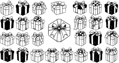 Hand-drawn Black and White Line Art Gift Boxes Collection for Holiday Celebration and Special Occasion Gifting, Featuring Presents and Surprise Packaging Doodles