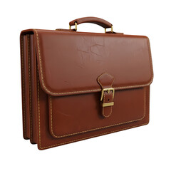 Brown leather briefcase with gold hardware on black background