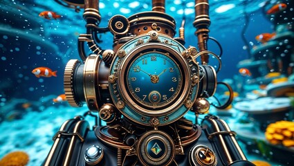 Steampunk Clock Mechanism Underwater with Fish and Coral Surreal Artistic Scene