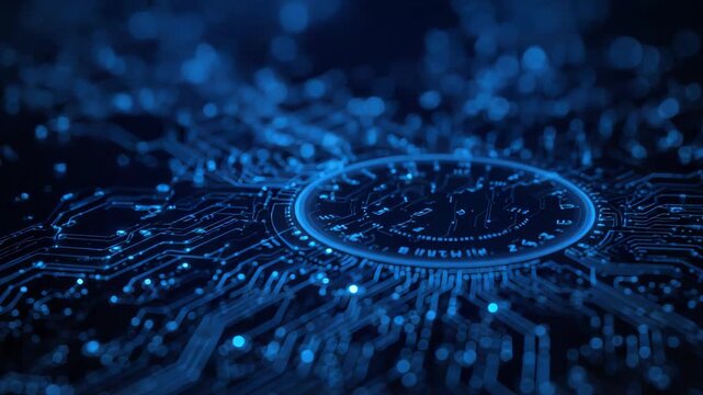 Futuristic blue circuit board glowing digital coin with central node pathways evoking technology
