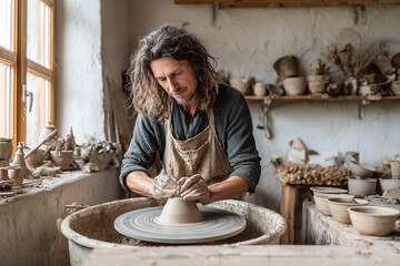 Ceramic artist shapes clay on pottery wheel in workshop during the day while creating unique pottery pieces