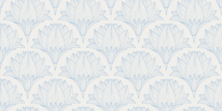 Seamless vector pattern drawn lotus with a line. Vector pattern for wallpaper, textiles, wrapping paper, and graphic design. Cloud dancer 2026 color. Vector banner ESP 10.