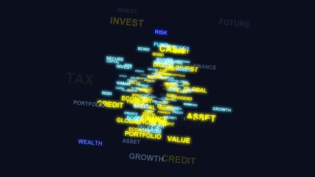 Glowing 3D word cloud animation featuring rotating finance terms like wealth, stock, and economy, symbolizing global markets and digital investment trends