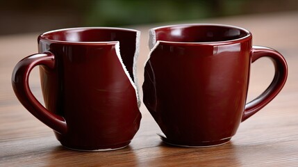Broken red ceramic coffee cup split in two pieces placed on light wooden table against a blurred background in a casual setting