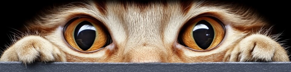 Fototapeta premium Close Up Portrait of Intense Orange Eyed Somali Cat Peering Over Stylish Backdrop, Captivating Gaze