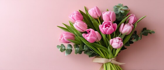 Fototapeta premium Bright pink tulips arranged on peach background with space for text