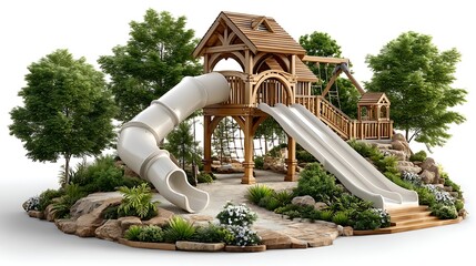 Wooden playground with slides outdoor landscape high resolution picture