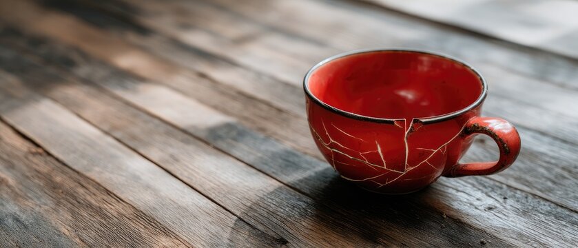 Red cup with a broken handle sits on a wooden table showing damage after a fall, captured in high resolution with a Canon camera