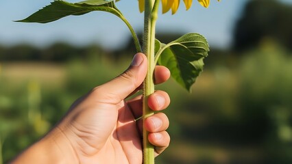 A person's hand gently holding the thick green stem of a sunflower with blurred yellow blooms in the background