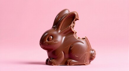 Chocolate bunny with missing ear on pink background