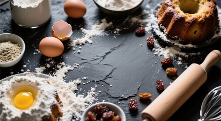 Baking essentials: cake, eggs, flour, dates, and kitchen tools on dark surface