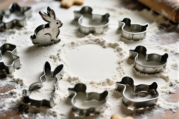 Metal cookie cutters on floured surface with animal shapes