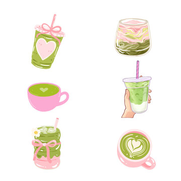 Matcha pink drink illustration set for small business, featuring strawberry matcha latte, iced green tea with pink bow, and cute cafe aesthetic icons.