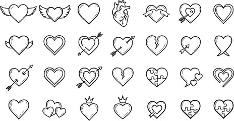 Heart Icons Line Art Collection. Hand-drawn Outline Doodle Symbols of Love, Romance, Emotion, Health, and Valentine's Day in Black and White Style.