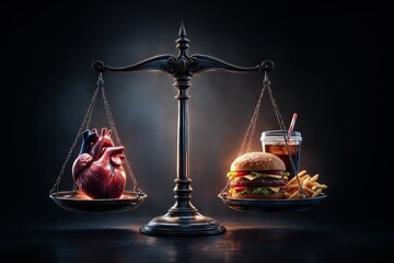 Anatomical heart balancing with fast food on scales. 3D render showing impact of unhealthy diet on cardiovascular health.