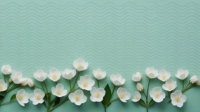 White floral border teal blossom flower jasmine wavy still life spring mood on green teal background