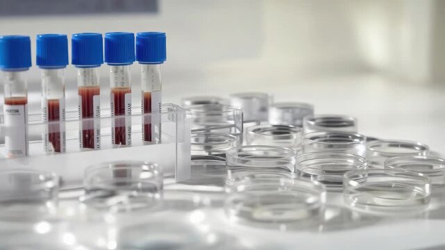 Blood sample vials and tubes with blue caps rack beside empty petri dish laboratory bench clinical