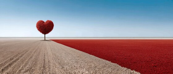 Heart-shaped tree stands in a red field under a blue sky during Valentine's Day celebration with a clear horizon and bright colors