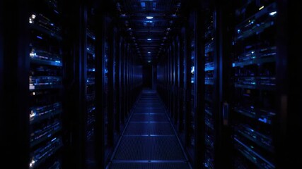Dark server room corridor and data center aisle with blue LED rack lights creating futuristic - Powered by Adobe