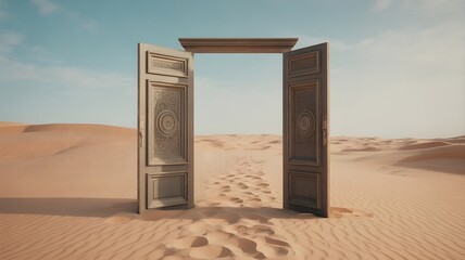 Ornate doors open standing alone in desert sand dunes under blue sky with clouds