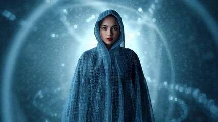 Mysterious woman in hooded cloak with binary data and digital code glowing in cyber tunnel - Powered by Adobe