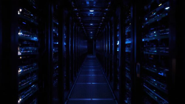 Dark server room corridor and data center aisle with blue LED rack lights creating futuristic