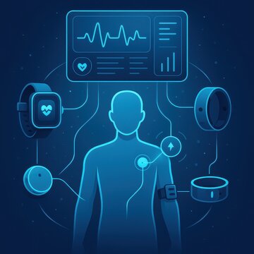 Medical IoT devices tracking human health data with biometric signals. Futuristic holographic dashboard and health monitoring.
