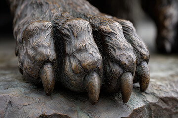 Close view of worn bronze paws of Hachiko statue in Tokyo revealing details of age and wear from years of visits