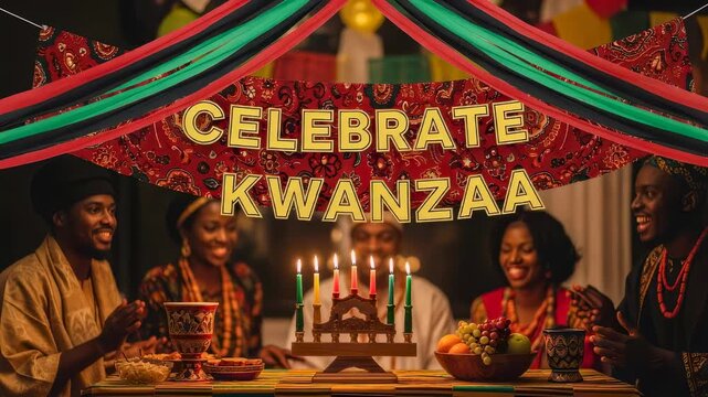 Group of african american people celebrating Kwanzaa with kinara candles, a festive banner, and decorative table setting.