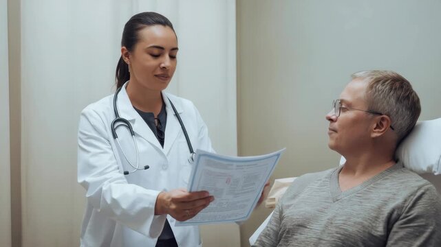 Female doctor reviewing medical chart with seated male patient clinic room calm professional