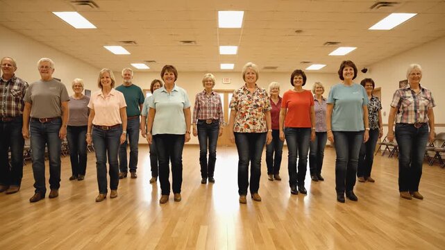 Group of seniors participating in a line dancing class, moving forward in unison, with camera zooming in to capture the joyful atmosphere and engagement