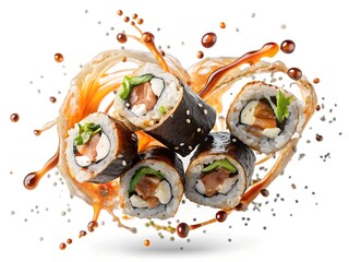 sushi rolls with sauce isolated on white background