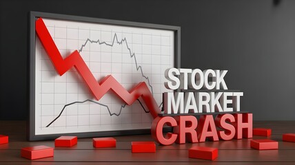 Stock market crash graph with red arrow and blocks on wooden table in dark room with white grid chart