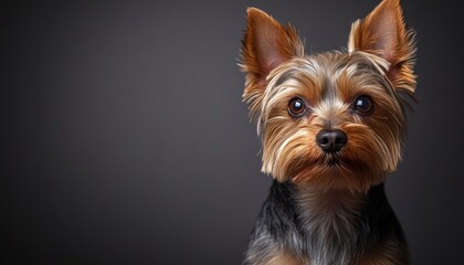 Charming Yorkshire Terrier s Poignant Stare Against a Clean Gray Backdrop, Showcasing Its Character.