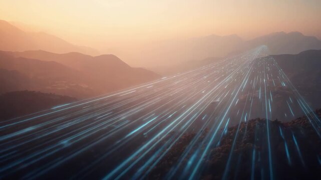 Sunset mountain landscape with glowing blue data light trails creating futuristic dusk motion