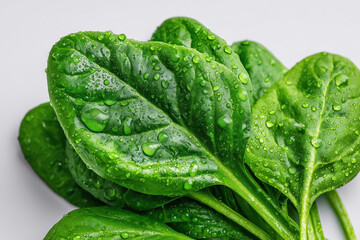 Close-up view of spinach leaves showing water droplets on the surface and the texture of the leaves